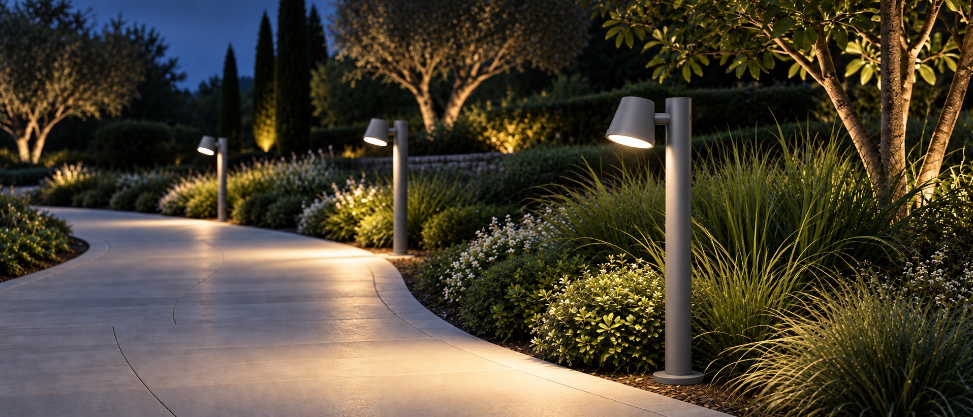 Bollard luminaire installed in a planted verge and directing light onto a pedestrian path at night