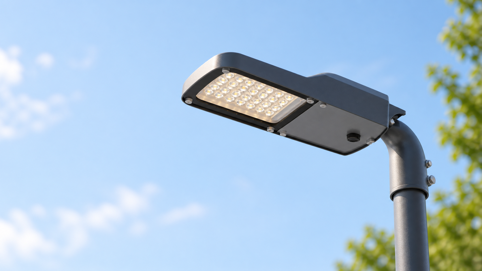 LUXIFIC Square LED street luminaire and curved-arm mounting in a roadway setting