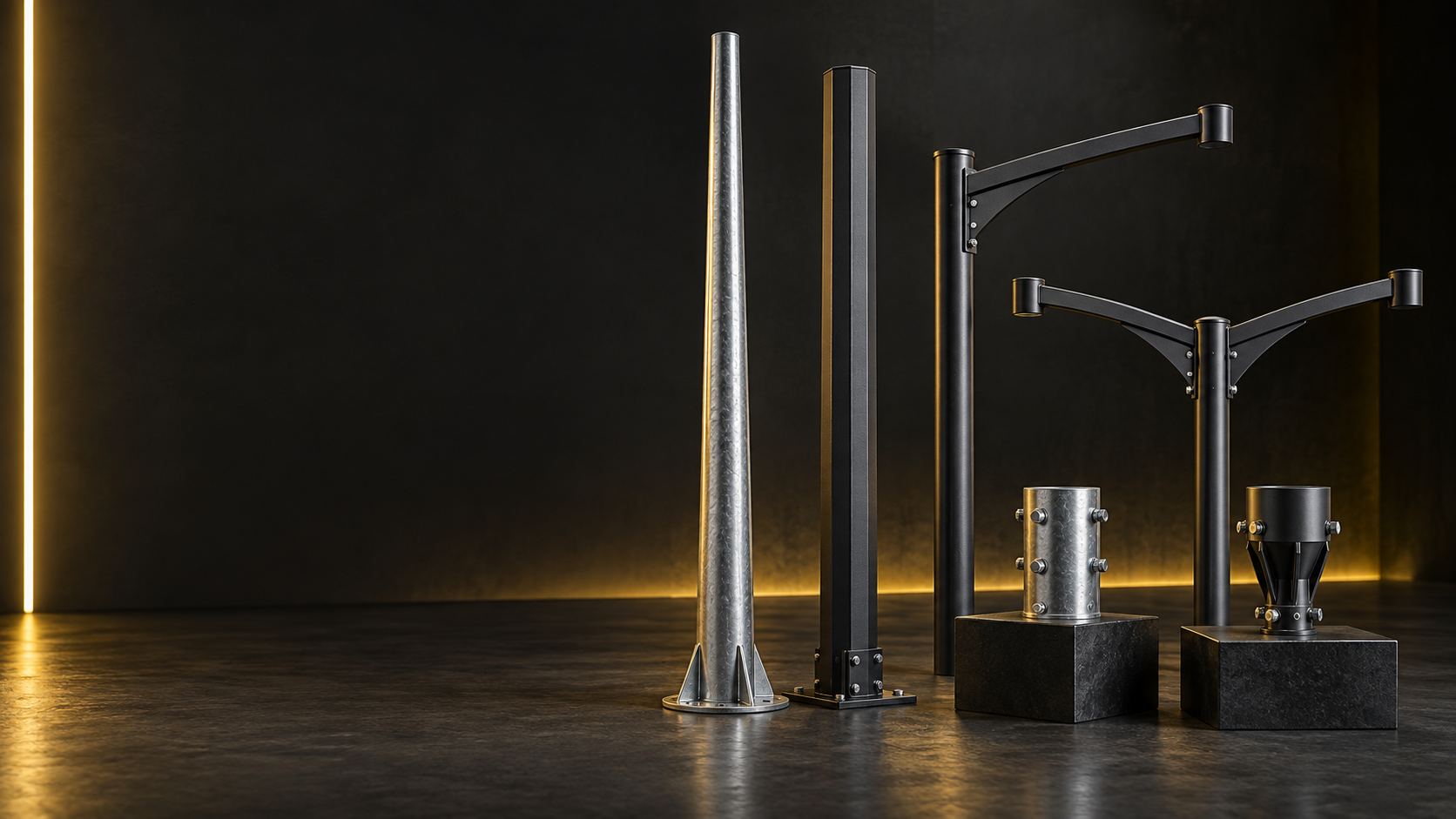 Outdoor lighting poles and street-light arms arranged for project mounting